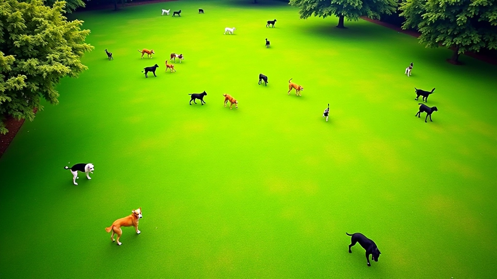Vista aérea de um parque grande em Lisboa com vários cães a brincar em zonas diferentes