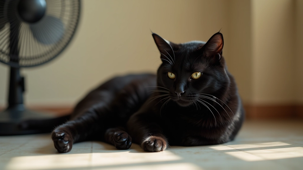 Gato preto descansando numa zona sombreada dentro de casa durante dia quente, perto de ventilador