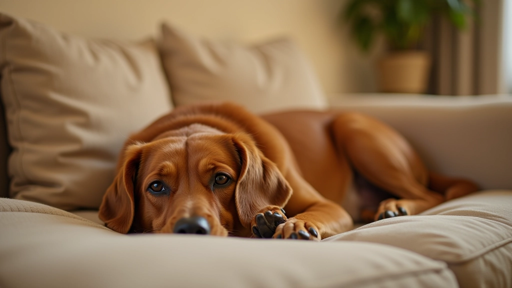 Cão castanho deitado confortavelmente em sofá macio, ambiente doméstico aconchego