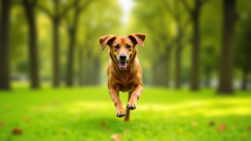 Cão castanho a correr livremente num parque verde com árvores altas