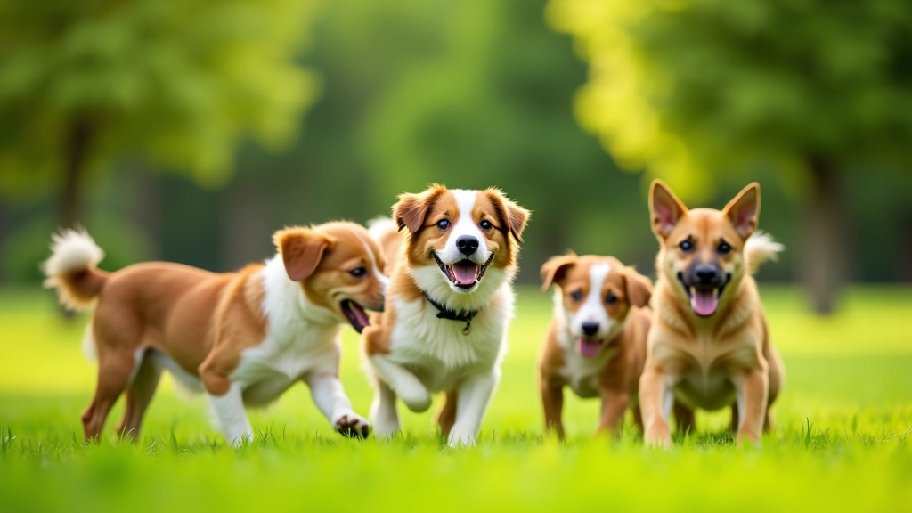 Grupo de cães a brincar juntos num parque verde ensolarado em Lisboa