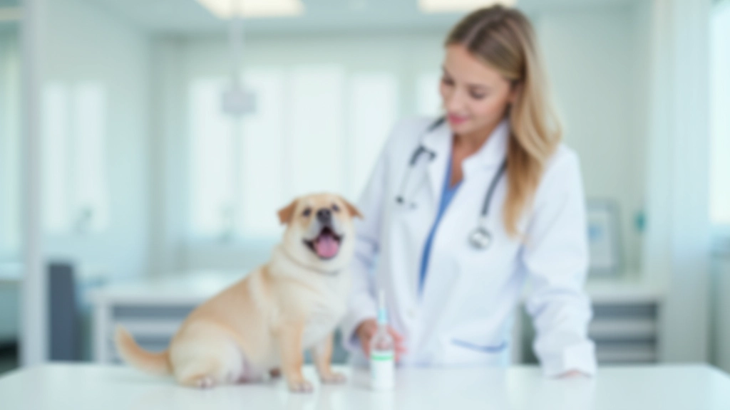 Veterinária a segurando seringa com vacina, cão pequeno na mesa de exame, clínica branca e limpa