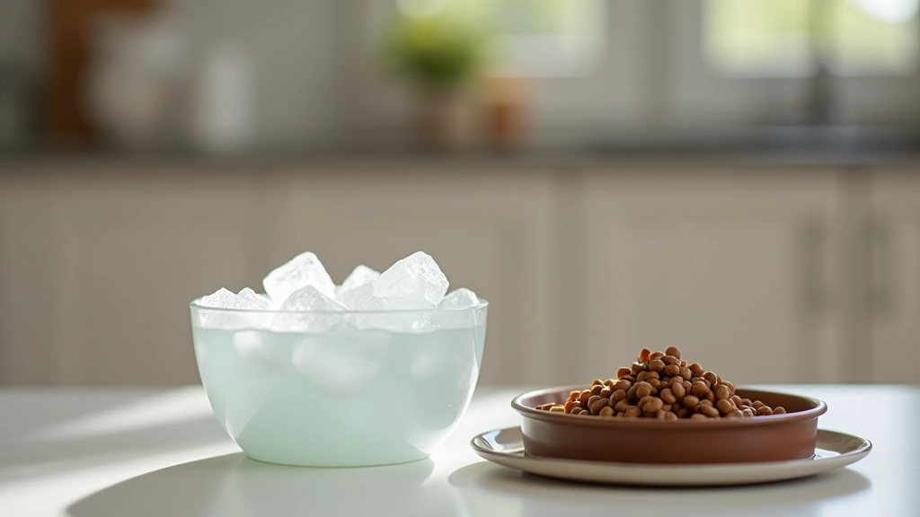 Tigela de água fresca com cubos de gelo ao lado de prato com comida húmida para gato