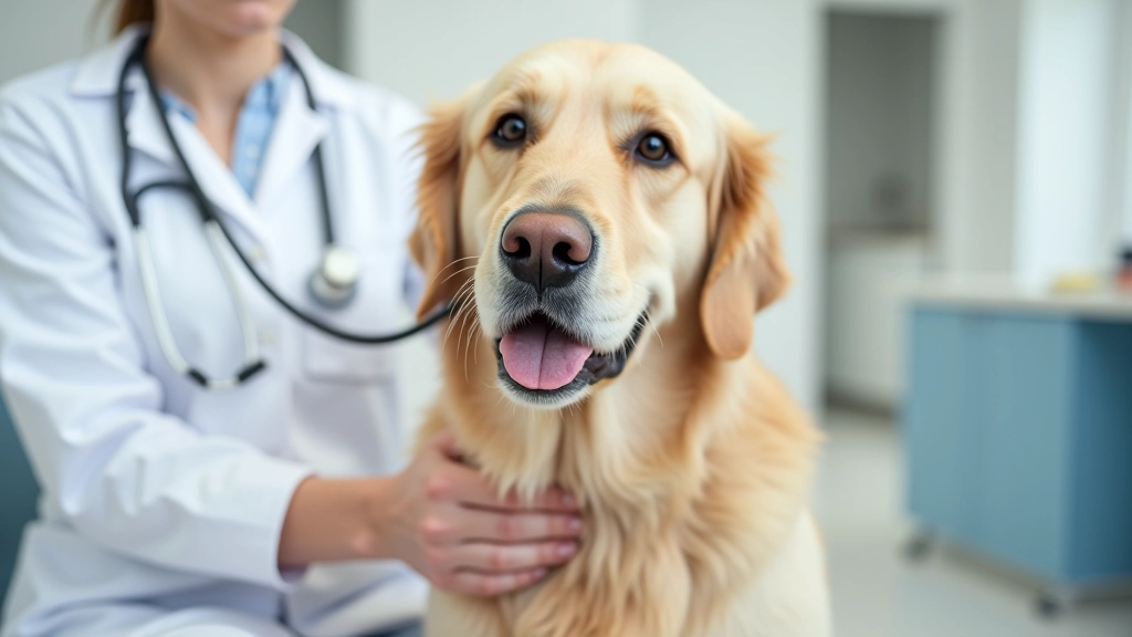 Cachorro dourado a receber exame veterinário de médico em clínica limpa