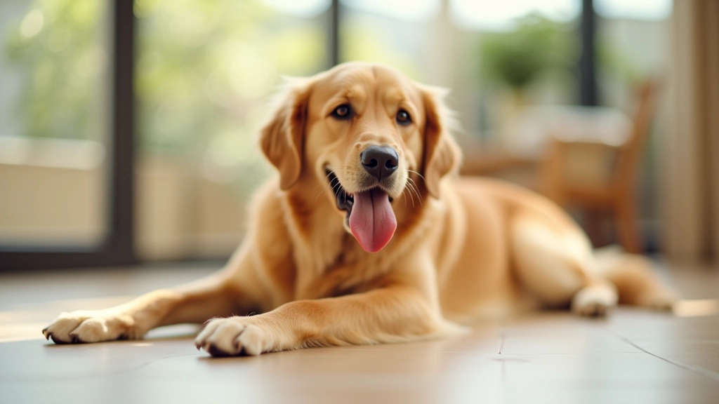 Cão deitado no chão com a língua de fora, tentando arrefecer-se durante o calor do verão
