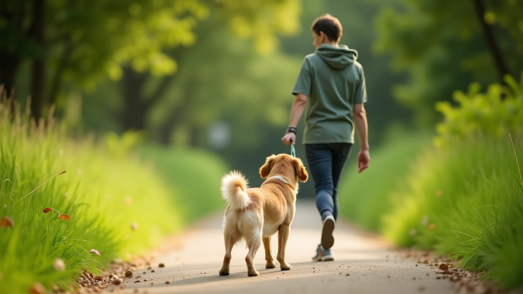 Tutor com cão numa trela a caminhar num caminho de parque rodeado de vegetação verde