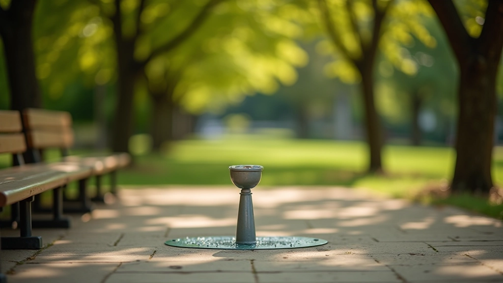 Detalhe de uma zona de parque pet-friendly com bebedouro, banco de madeira e árvores de sombra
