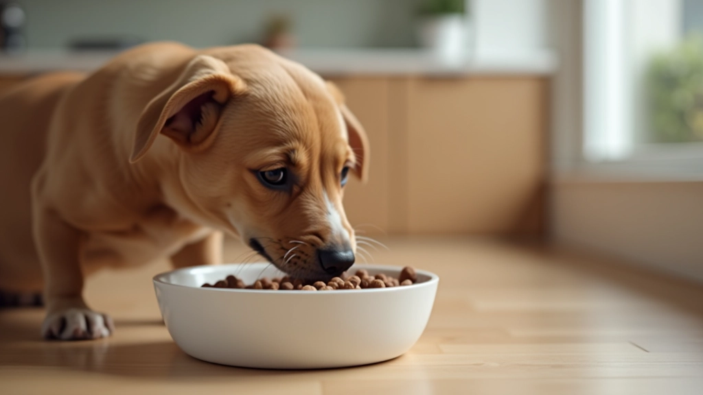 Proprietário responsável a alimentar cão jovem com ração de qualidade em tigela