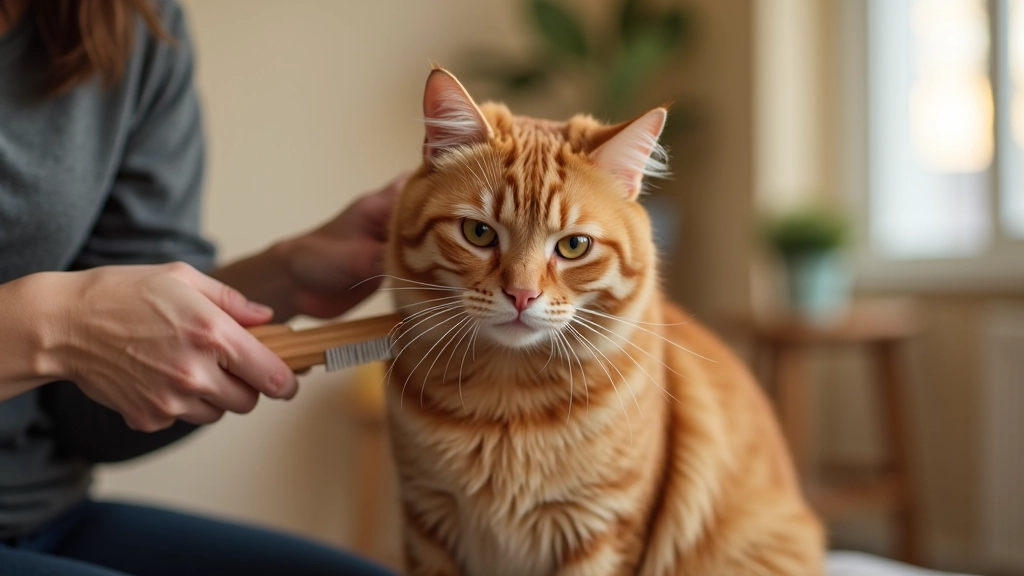 Proprietário a penteador gato laranja com escova especial em sala aconchegante