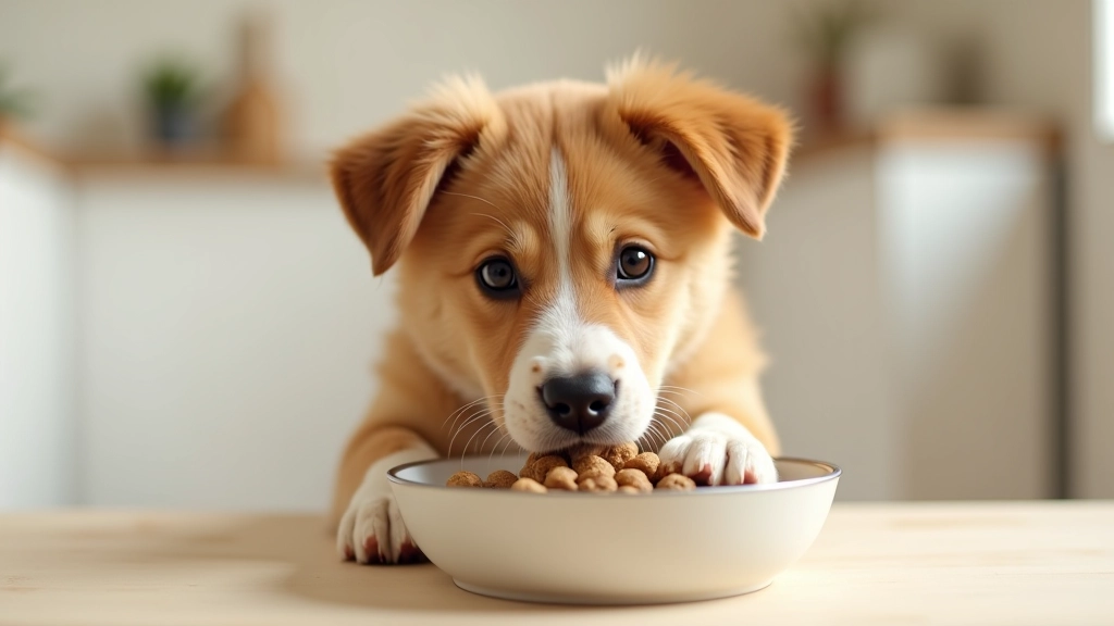 Filhote de cão a comer ração nutritiva de um comedouro em casa, com dono ao fundo a observar