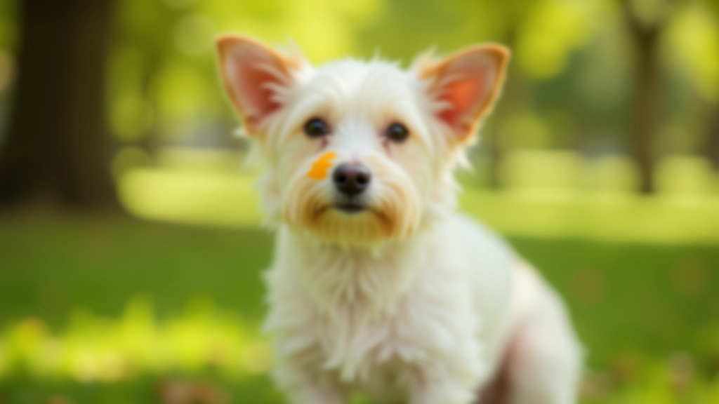 Cachorro com protetor solar aplicado nas orelhas e nariz, sentado à sombra de uma árvore no parque