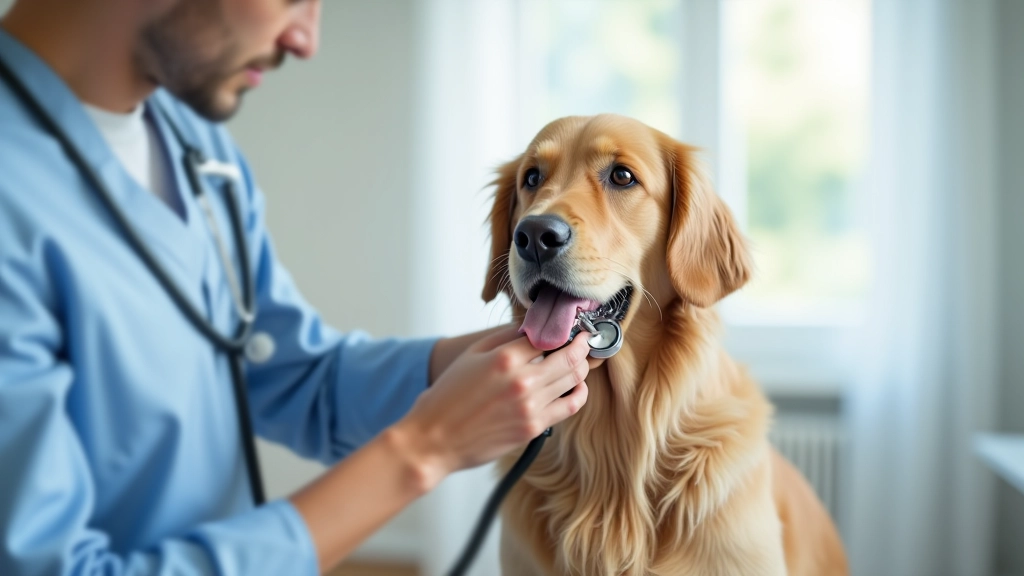 Veterinário a examinar cão dourado com estetoscópio em clínica moderna e limpa