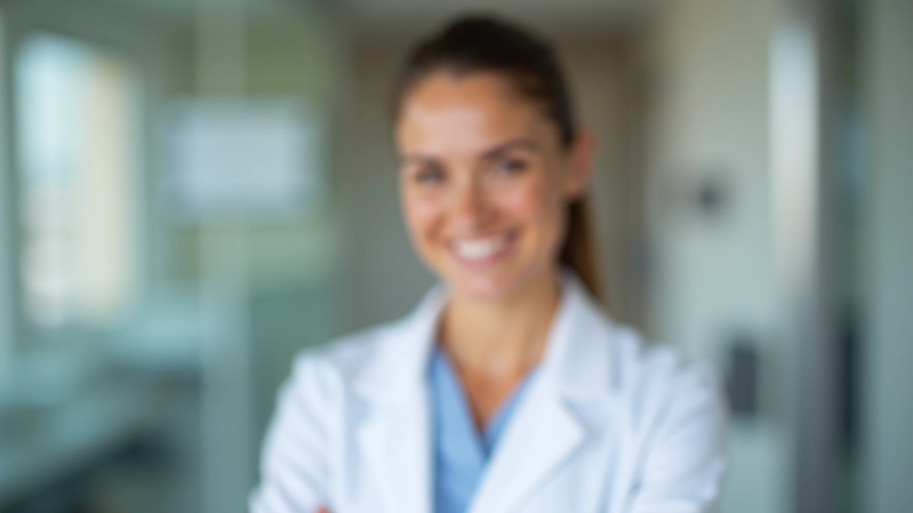 Médica veterinária com cabelo escuro em uniforme branco, sorriso confiante, clínica moderna ao fundo