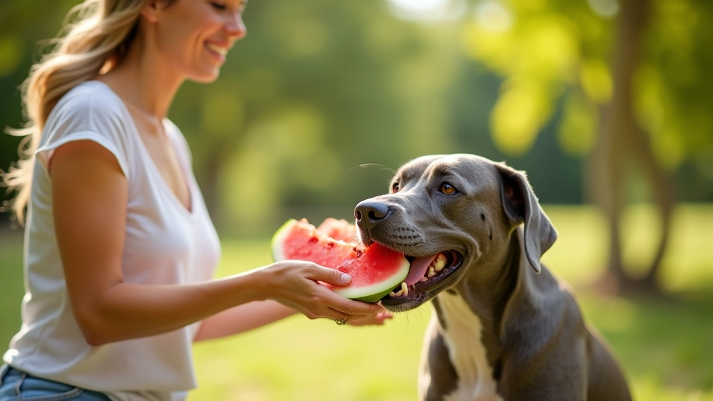 Proprietária oferecendo melancia fresca em pequenas peças para cão cinzento em dia quente de verão