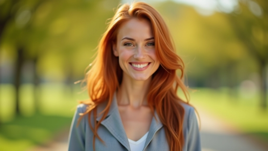 Mulher ruiva com expressão amigável em parque externo, luz natural, vegetação ao fundo